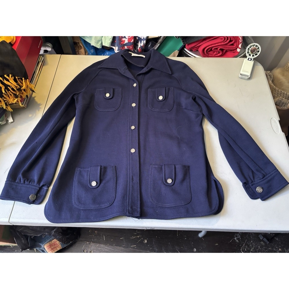 Butte Knit Wool/Polyester Blazer Jacket Vintage MCM Womens M Navy Blue W/Belt